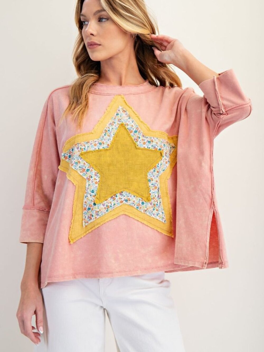 EASEL WASHED COTTON SLUB STAR PATCH FRONT TOP  100% COTTON